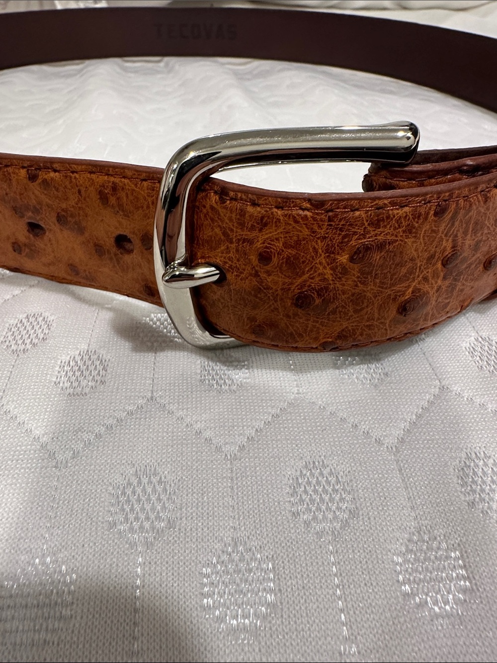 Tecovas Men's Tan Brown Ostrich-Texture Leather Belt with Silver Buckle size 40